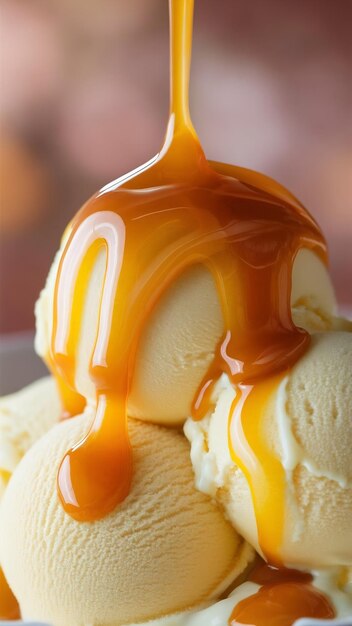 Photo caramel sauce over vanilla ice cream generative