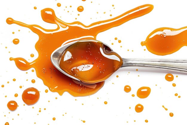 Caramel spills and spoon on white background