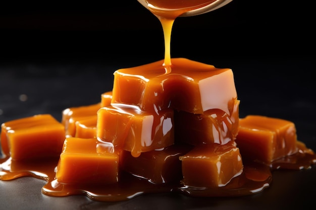 Caramel Spoon Drizzling onto Caramel Cubes