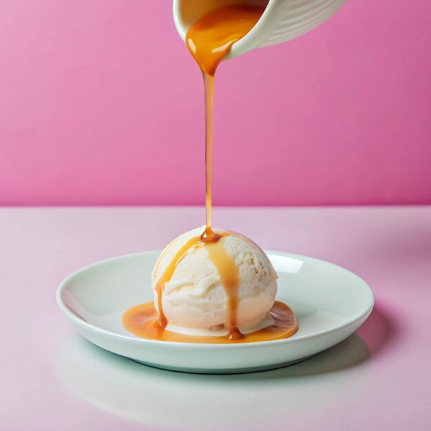 Photo caramel syrup is poured on top of a white yellow scoop of ice cream on a white