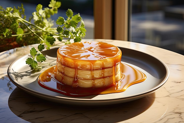 Caramelized pudding on ceramic dish spoon beside Welcoming kitchen soft light generative IA