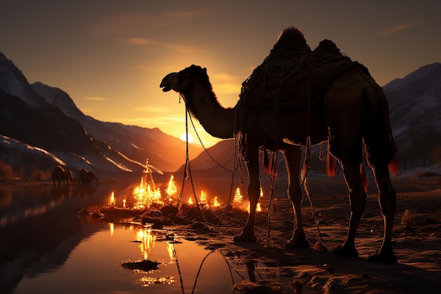 a caravan of camels and nomads resting night at desert