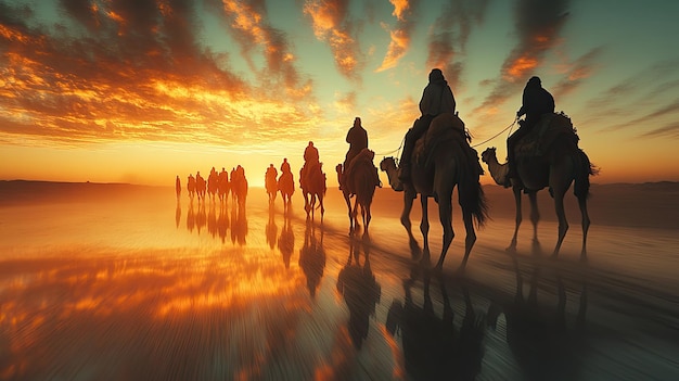 A caravan of camels traverses the desert their silhouettes elongated and distorted by a mesmerizing mirage blurring the lines between reality and illusion