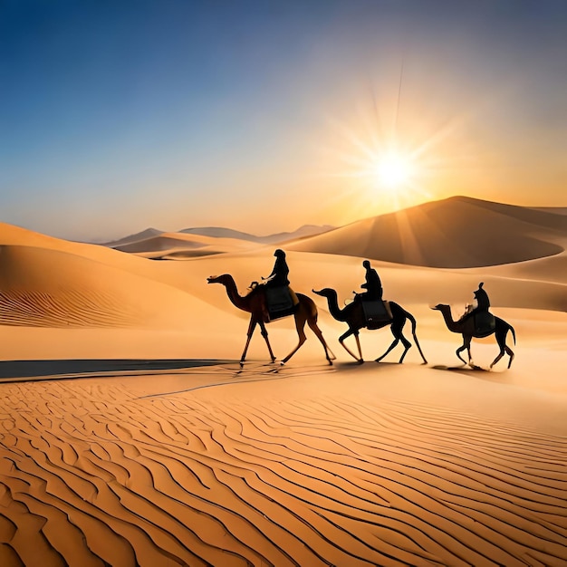 A caravan of camels trekking across a vast desert landscape