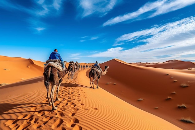 A caravan of camels with tourists moves through the dunes of the sahara desert in morocco