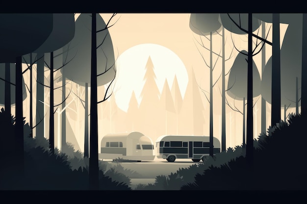 Caravan and forest landscape in a minimalist illustration Soft and muted colors Generative AI