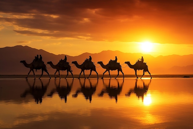 Caravan Guided Drovers Silhouette Leading Camels Generative Ai