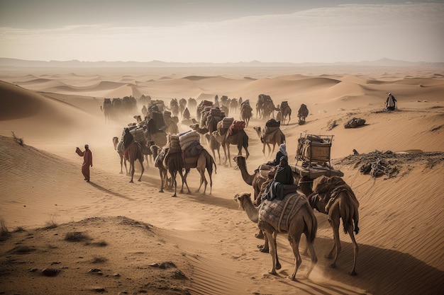 Caravan of traders with camels and goods making their way through the desert created with generative ai