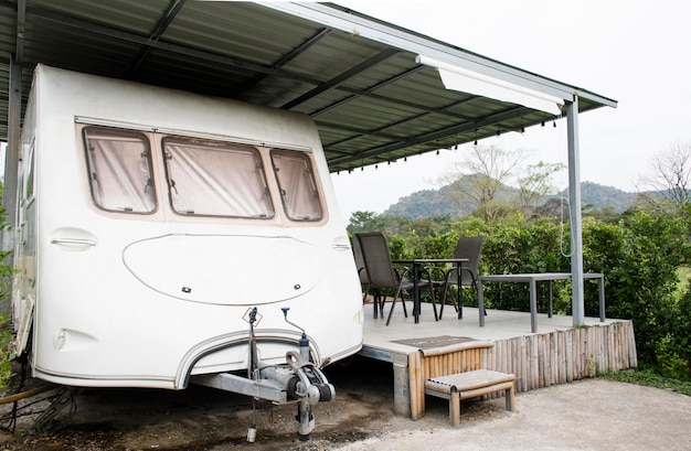 Caravan trailer with balcony in front