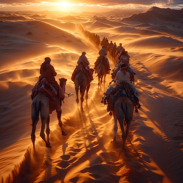 Caravan traversing vast desert at sunset camels in silhouette warm tones dominate adventure travel theme generative AI