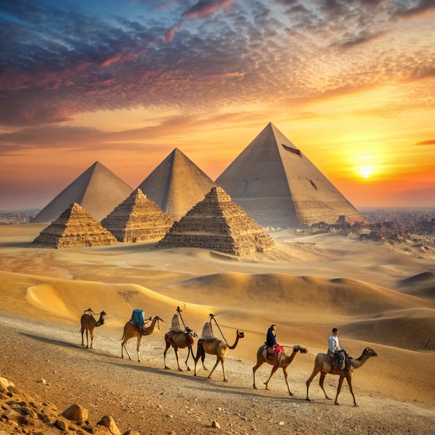 Caravane passing giza pyramids in egypt