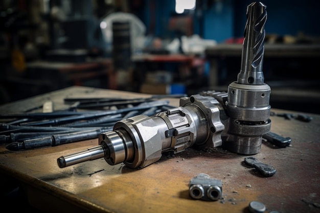 Photo carbide tool bit showcased on a used workbench with various industrial components scattered around