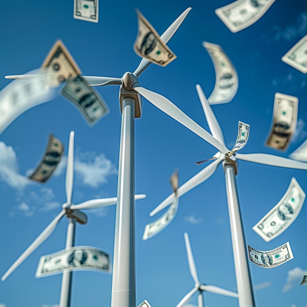 Photo carbon credits holding wind turbine with tree and us dollars banknote against green fie