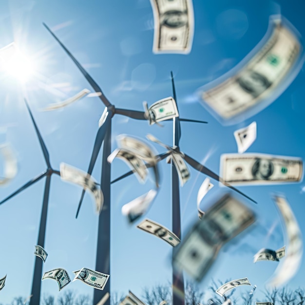 Carbon credits holding wind turbine with tree and US Dollars banknote against green fie