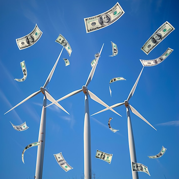 Photo carbon credits holding wind turbine with tree and us dollars banknote against green fie