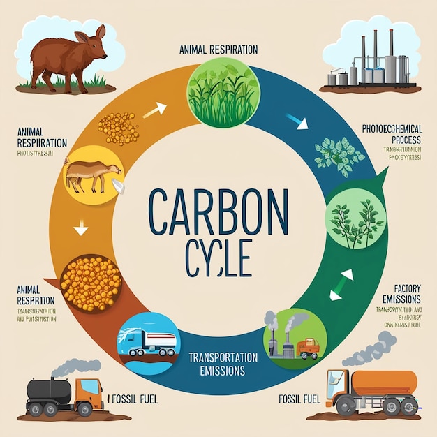 Photo carbon cycle labeled co2 biogeochemical process scheme educational exchange diagram with animal respiration factory emissions and fossil fuel