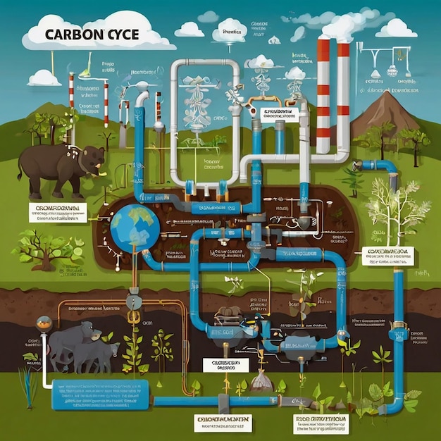 Photo carbon cycle labeled co2 biogeochemical process scheme educational exchange diagram with animal respiration factory emissions and fossil fuel