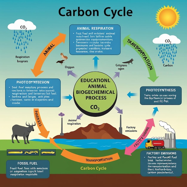 Photo carbon cycle labeled co2 biogeochemical process scheme educational exchange diagram with animal respiration factory emissions and fossil fuel