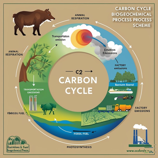 Photo carbon cycle labeled co2 biogeochemical process scheme educational exchange diagram with animal respiration factory emissions and fossil fuel