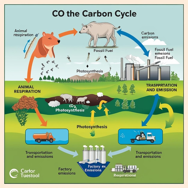 Photo carbon cycle labeled co2 biogeochemical process scheme educational exchange diagram with animal respiration factory emissions and fossil fuel