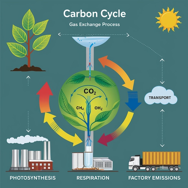 Photo carbon cycle with co2 dioxide gas exchange process scheme outline concept photosynthesis respiration