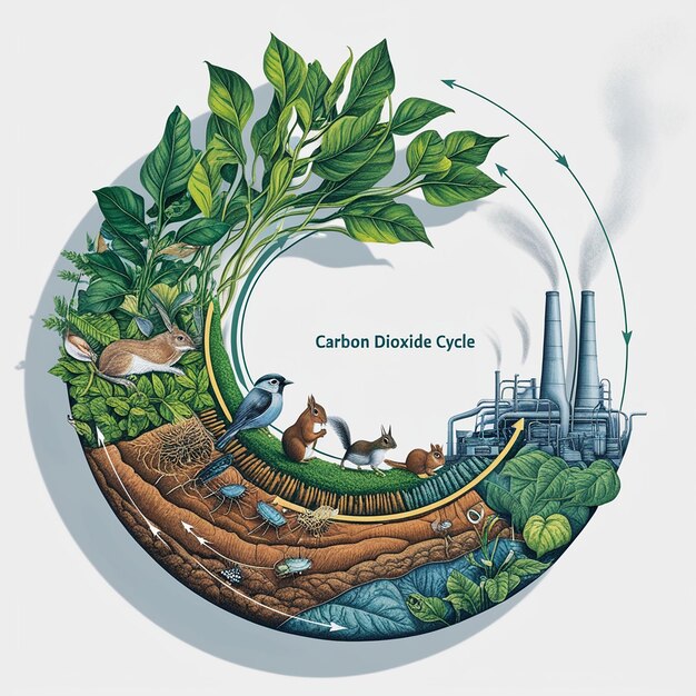 Photo carbon dioxide cycle cylindric diagram animals plants soil and energy industry scientific articles