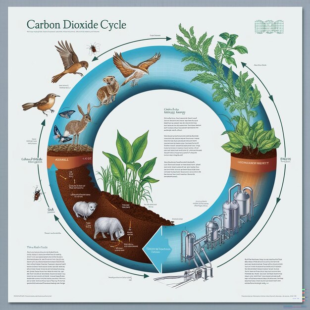 Carbon dioxide cycle cylindric diagram animals plants soil and energy industry scientific articles