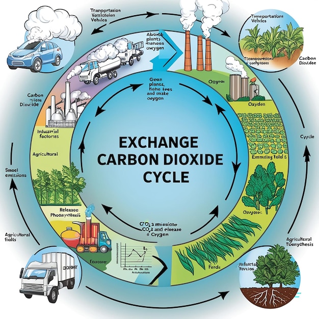 Photo carbon dioxide cycle with co2 emission exchange in nature outline diagram labeled educational scheme with transportation factory emissions