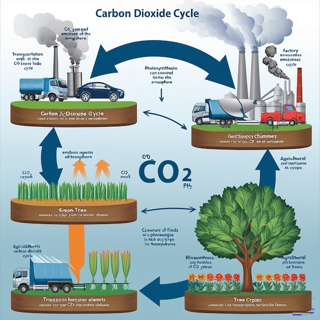 Photo carbon dioxide cycle with co2 emission exchange in nature outline diagram labeled educational scheme with transportation factory emissions