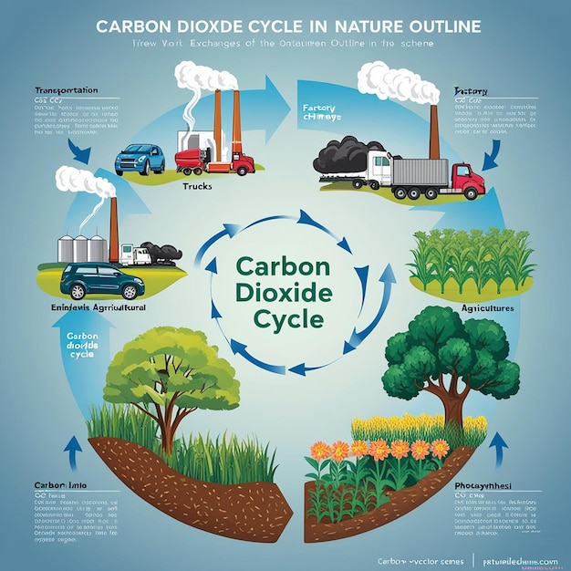 Photo carbon dioxide cycle with co2 emission exchange in nature outline diagram labeled educational scheme with transportation factory emissions