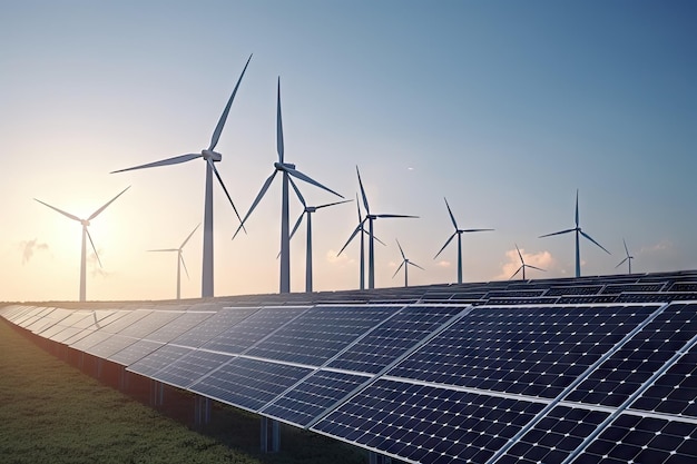 Carbon dioxide emissions converted into clean energy with the use of solar panels and wind turbines