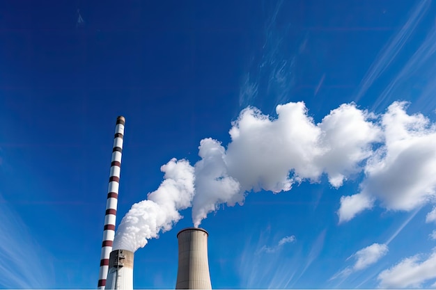 Carbon dioxide emissions from coal power plant visible against blue sky