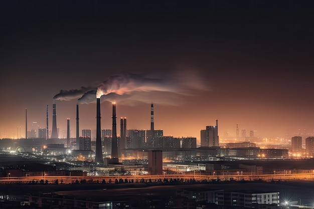 Carbon dioxide emissions from power plant seen in nighttime view of city skyline