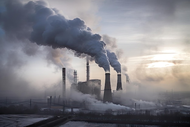 Carbon dioxide emissions from power plant with smoke billowing from the stacks