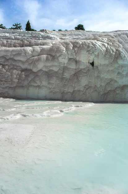 Carbonate mineral cliff with calcite-laden waters in Hierapolis Pamukkale in Turkey. Pamukkale is meaning cotton castle in Turkish, is a natural site in Denizli Province.