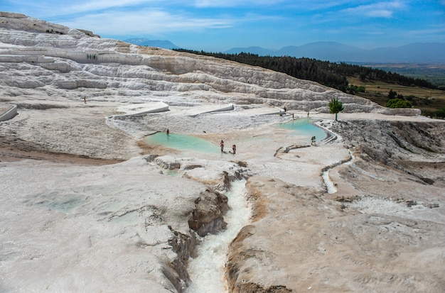 Carbonate mineral cliff with calcite-laden waters in Hierapolis Pamukkale in Turkey. Pamukkale is meaning cotton castle in Turkish, is a natural site in Denizli Province.