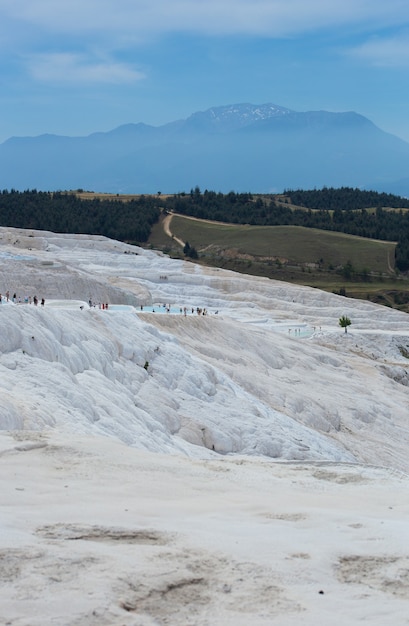 Carbonate mineral cliff with calcite-laden waters in Hierapolis Pamukkale in Turkey. Pamukkale is meaning cotton castle in Turkish, is a natural site in Denizli Province.