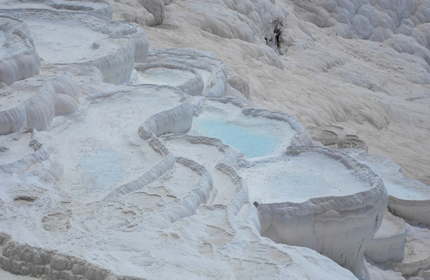 Carbonate mineral cliff with calcite-laden waters in Hierapolis Pamukkale in Turkey. Pamukkale is meaning cotton castle in Turkish, is a natural site in Denizli Province.