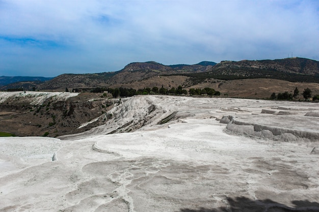 Carbonate mineral cliff with calcite-laden waters in Hierapolis Pamukkale in Turkey. Pamukkale is meaning cotton castle in Turkish, is a natural site in Denizli Province.