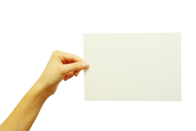 Card blank in a hand isolated on white