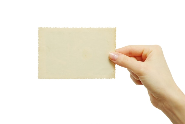 Card blank in a hand on white