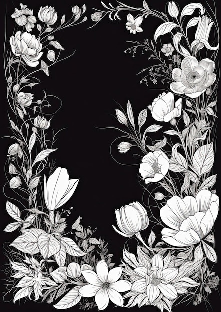 Card border Monochrome Drawing of Flowers on Black Background