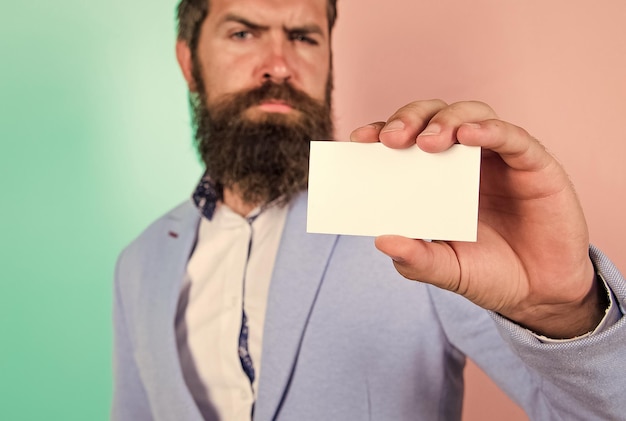 Card copy space professional occupation position Feel free contact me Bearded hipster serious face show card Banking services for business Business card design Businessman hold blank card