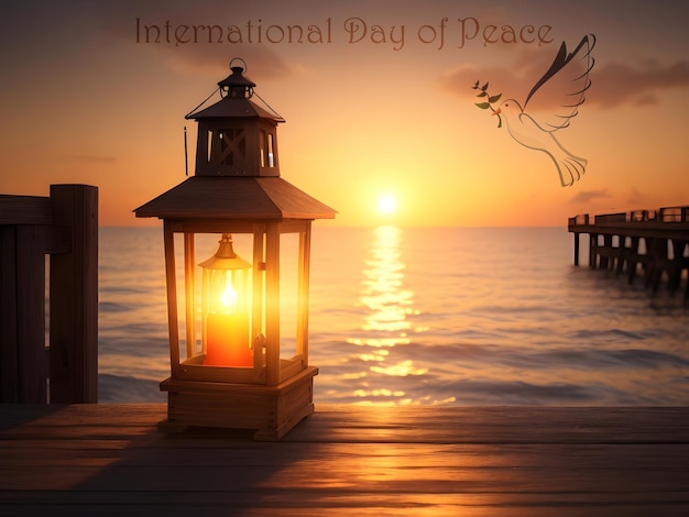 Card design banner background for international day of peace with vintage lantern and dove