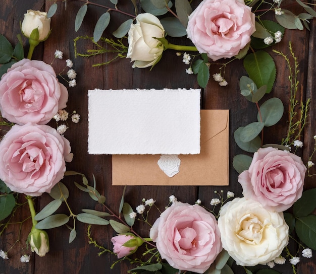 Card and envelope between pink and cream roses on brown wood top view wedding mockup