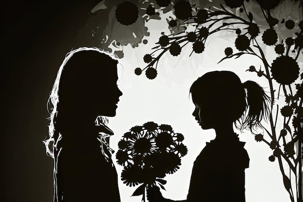 Card of Happy Mother's Day Beautiful mother silhouette with her daughter and flowers Generative AI