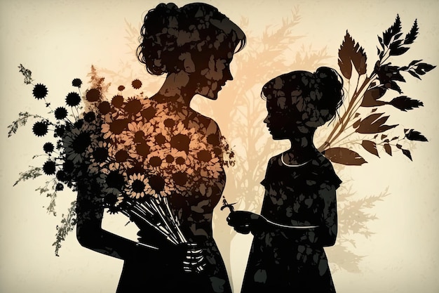 Card of Happy Mother's Day Beautiful mother silhouette with her daughter and flowers Generative AI