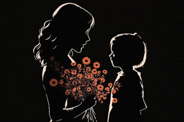 Card of Happy Mother's Day Beautiful mother silhouette with her son and flowers Generative AI