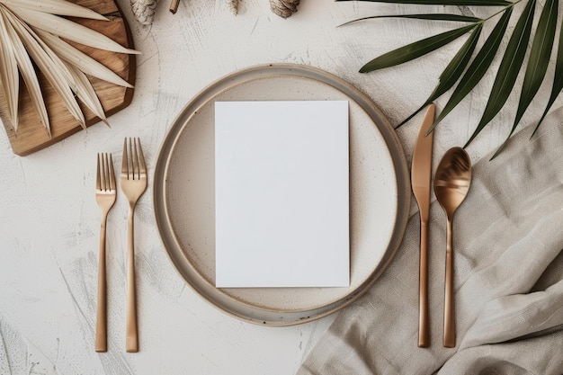 Card mockup on empty modern minimal table place setting neutral beige color