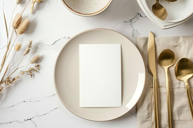 Card mockup on empty modern minimal table place setting neutral beige color